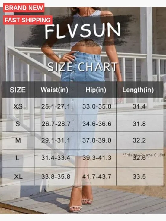 Stretch Denim Midi Skirt High Waisted Button Front Slit Casual - Picture 5 of 7